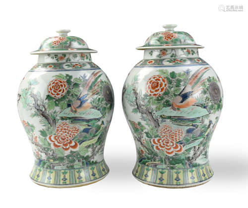 Pair of Chinese Famille Verte Jar and Cover