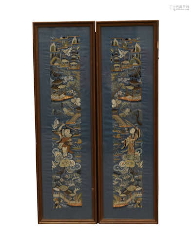 Pair of Chinese Blue Embroidery of Figures, Qing D