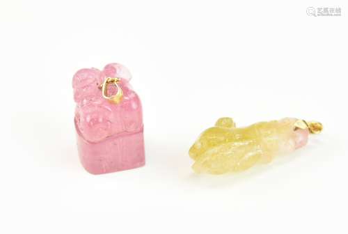 Two Chinese Pink / Yellow Tourmaline Pendants