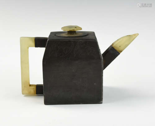 Chinese Pewter Teapot w/ Zisha & Jade,Qing Dynasty