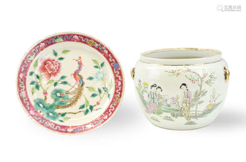 Chinese Famille Rose Jar & Plate,20th C.