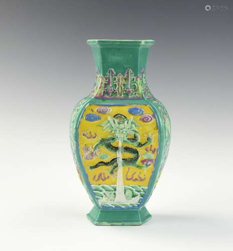 Chinese Green Ground Famille Rose Dragon Vase,ROC