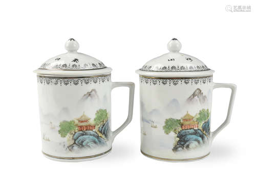 Pair of Chinese Covered Cups w/ Landscape, 1960s