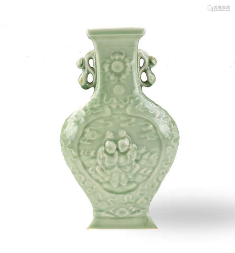 Chinese Celadon Glaze Vase w/ Hehe Deities, 20th C