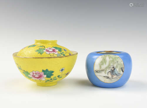 Chinese Blue Waterpot & Yellow Covered Bowl,19th C