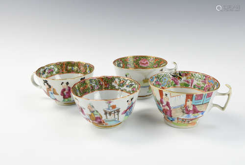 (4) Chinese Canton Glazed Cups w/ Figures, 19th C.