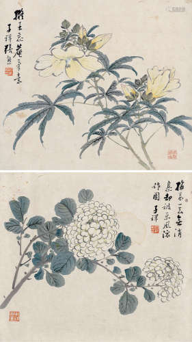 1803～1886 张熊   花卉 （两帧） 镜框  设色纸本
