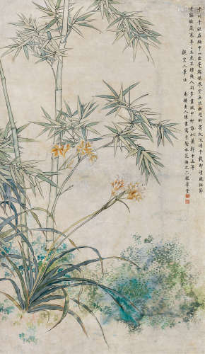 1660～1736 陈书   花卉翠竹  立轴  设色纸本