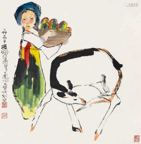 1921～2007 程十发  1987年作 少女与鹿  立轴  设色纸本