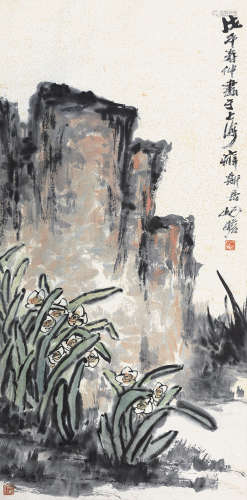 1892～1996 朱屺瞻  1978年作 水仙寿石  立轴  设色纸本