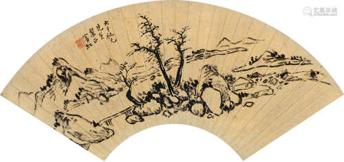 1865～1955 黄宾虹   拟云林山水  扇片  水墨泥金
