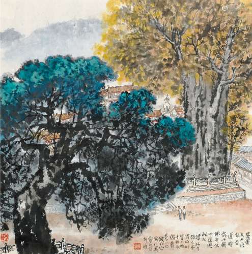 1899～1985 钱松嵒   潭柘寺秋色  镜框 设色纸本