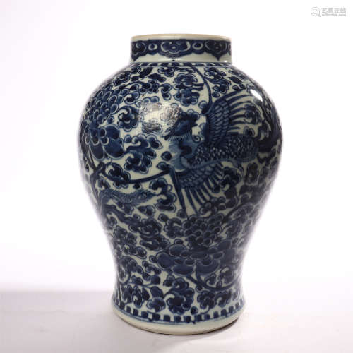 Qing Dynasty blue and white phoenix wear peony pattern general jar