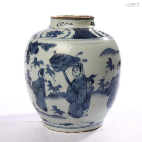 Blue and white figure and flower decorative pot in early Qing Dynasty