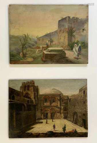 Unbekannter Künstler, Paar Gemäldependants mit Ansichten von Jerusalem