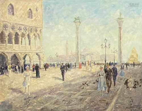 Otto Pippel, Flanierende Spaziergänger auf dem sommerlichen Markusplatz in Venedig