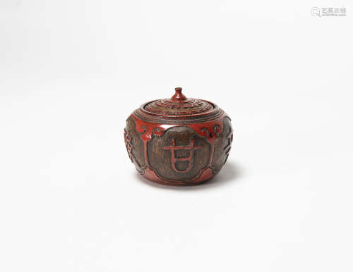 清代-竹雕紅漆茶葉罐