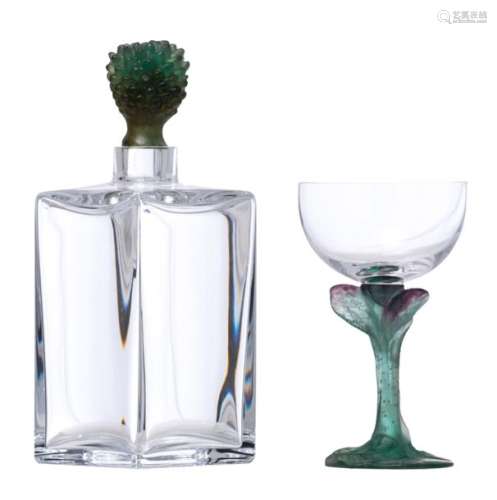 A Daum square glass decanter with green glass past…