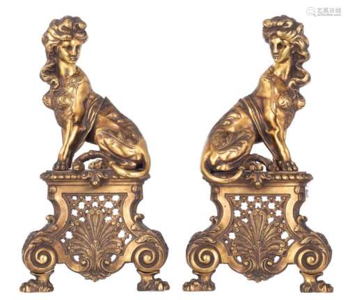 A fine pair of gilt bronze Louis XIV style andiron…