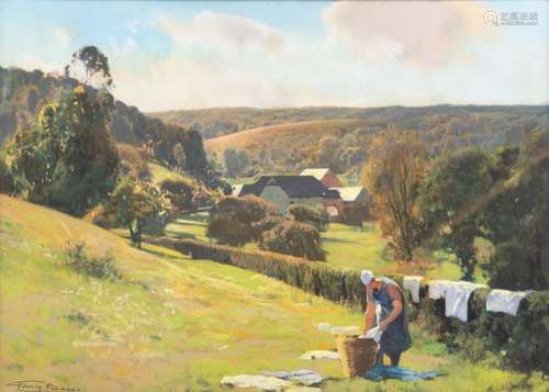 Baes F., the laundry day in autumn, pastel on pape…