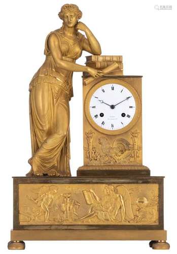 An ormolu bronze mantle clock with on top an alleg…