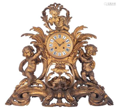 A fine gilt bronze Rococo Revival mantle clock, de…