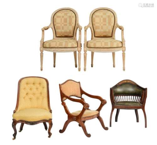 A collection of five antique chairs, consisting of…