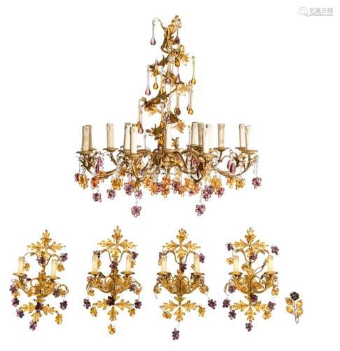 A floral shaped gilt bronze chandelier, with a bra…