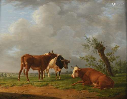 Mouqué A.B., resting cows, dated 1827, oil on pane…