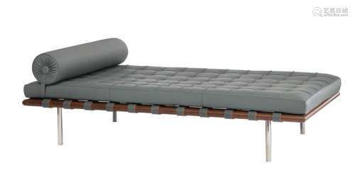 A grey leather upholstered Barcelona daybed, desig…