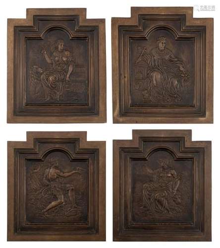 Four patinated basso relievo worked bronze plaques…