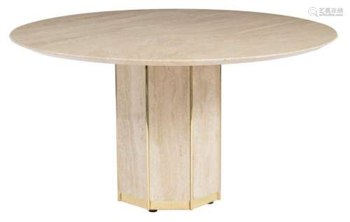 A brass and travertine round dining table, in the …