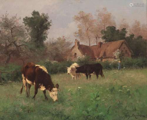 Pezant A., a pastoral view with grazing cows, oil …