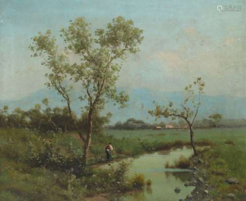 French School c.1900. Landscape with a figure by a…