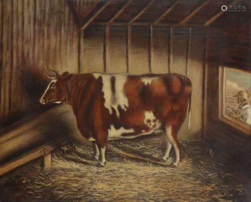 E. Staniland (19th Century). A cow in a barn. Sign…