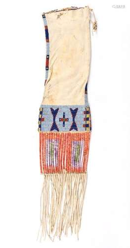 A Sioux pipe bag. Plains. Buckskin, rawhide, colou…