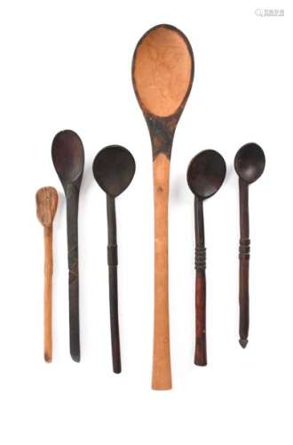 Six Zulu spoons. South Africa. Two with amasumpa c…