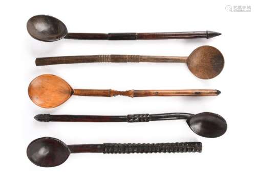 Five Zulu spoons. South Africa. With differing car…