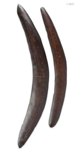 Two Aboriginal boomerangs. Australia. With incised…