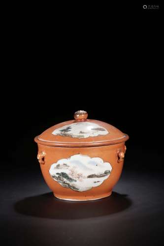 FAMILLE ROSE AND CORAL RED GROUND OPEN MEDALLION 'LANDSCAPE SCENERY' JAR WITH LID