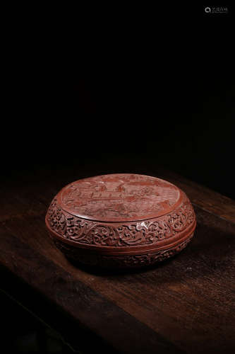 CINNABAR LACQUER CARVED 'LANDSCAPE SCENERY' ROUND BOX WITH COVER