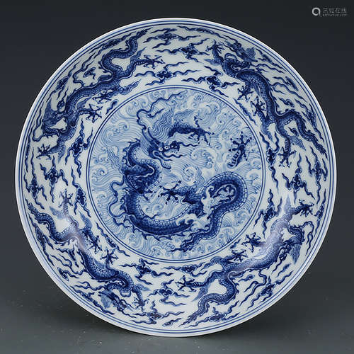 A CHINESE BLUE AND WHITE DRAGON PATTERN PORCELAIN PLATE