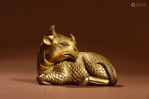 A CHINESE GILD COPPER BEAST PAPER WEIGHT