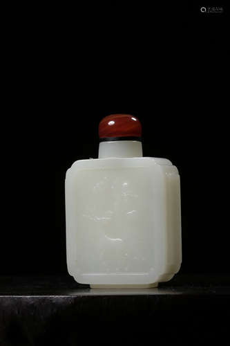 HETIAN WHITE JADE CARVED RECTANGULAR 'FU LU SHOU' SNUFF BOTTLE