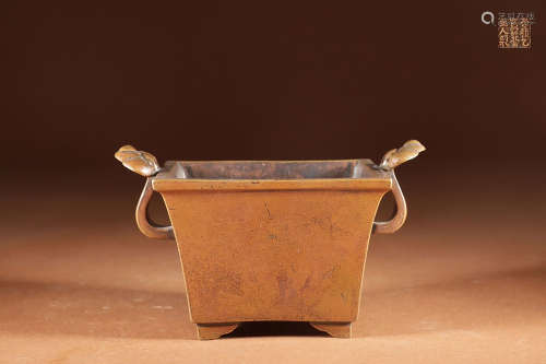 GILT BRONZE CAST TAPERED RECTANGULAR CENSER WITH HANDLES