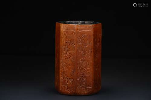 LACQUERED AND CARVED OCTAGONAL 'LANDSCAPE SCENERY' BRUSH POT