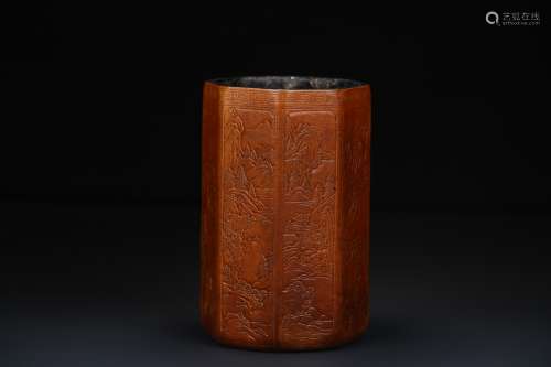LACQUERED AND CARVED OCTAGONAL 'LANDSCAPE SCENERY' BRUSH POT