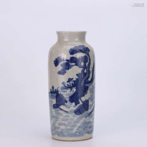 A CHINESE BLUE AND WHITE FIGURE PAINTED PORCELAIN TUBE VASE