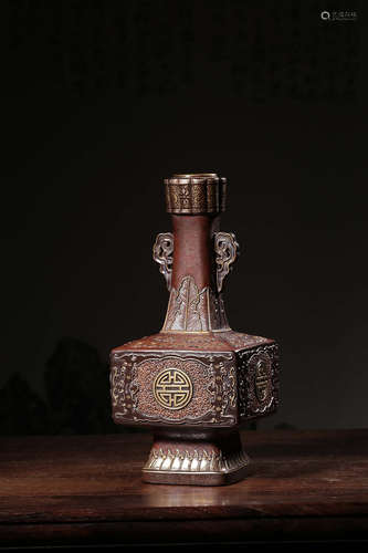 BROWN GLAZED AND LAYERED 'FU LU SHOU' RECTANGULAR BOTTLE VASE