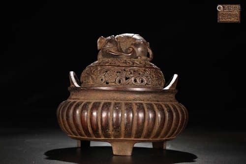 BRONZE CAST MELON LOBED TRIPOD CENSER WITH ELEPHANT LID